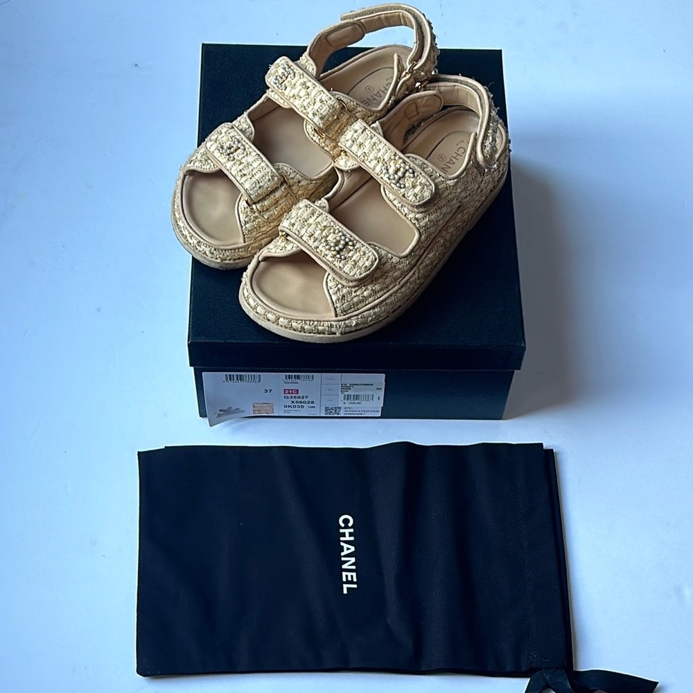 CHANEL Braided Fabric Velcro Dad Sandals. Beige. 37. Original box & dust bags.
